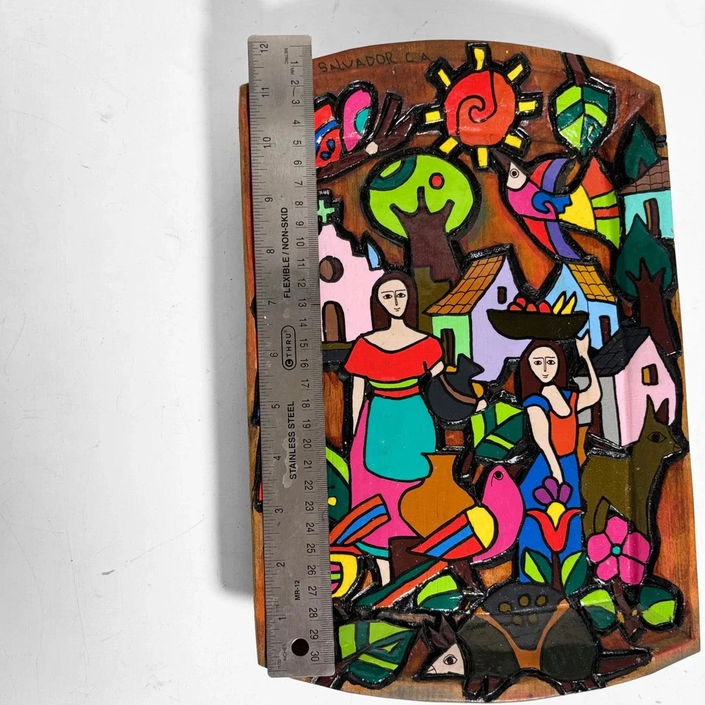 El Salvador Folk Art Hand Painted Wood Village Scene Wall Plaque La Palma Style
